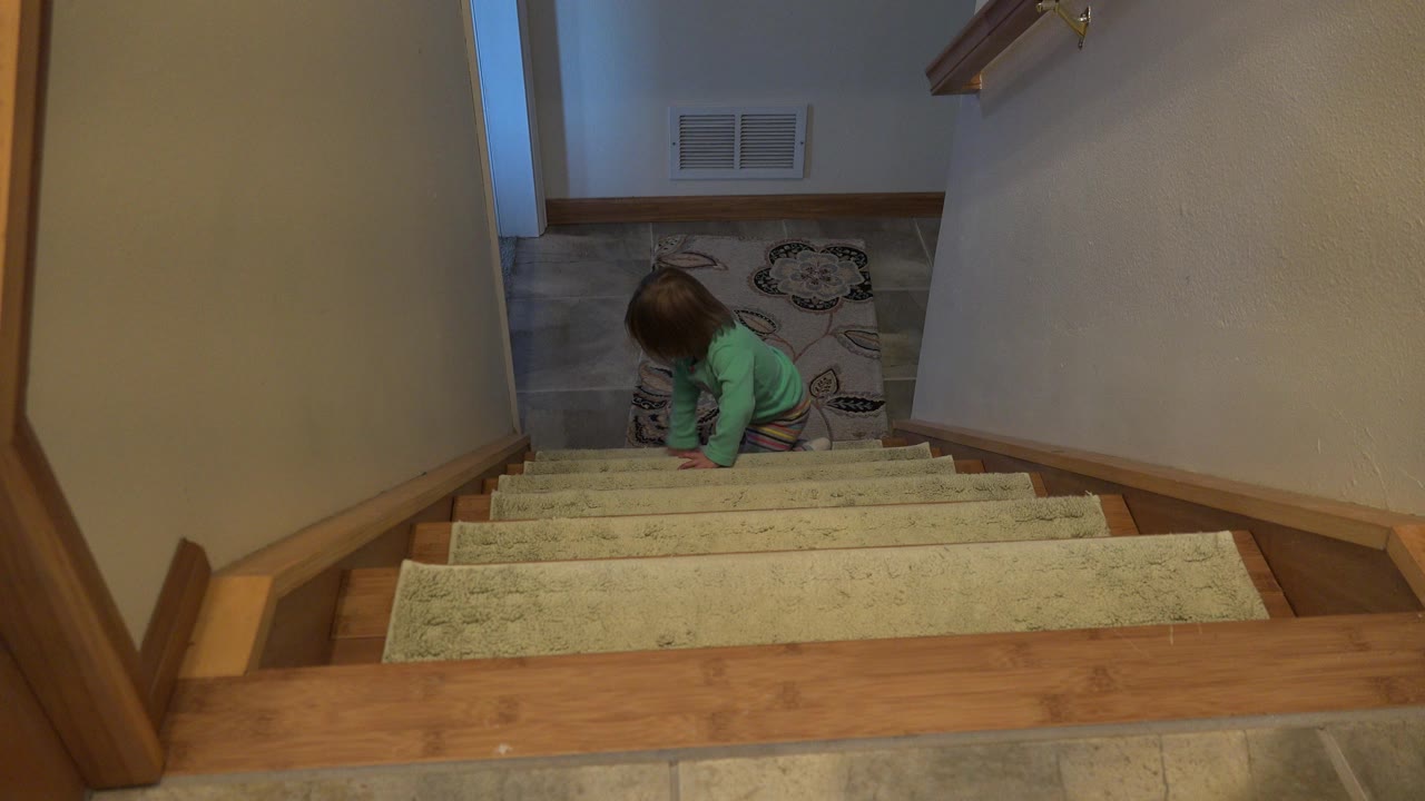 Toddler crouched near the bottom of carpeted stairs.