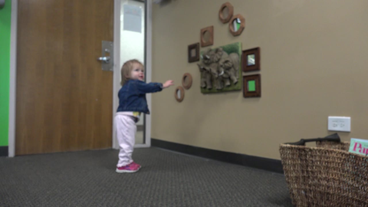 In Denver, Colorado, a small child stands on gray carpet near a wooden door and points toward framed wall decor and an elephant plaque.