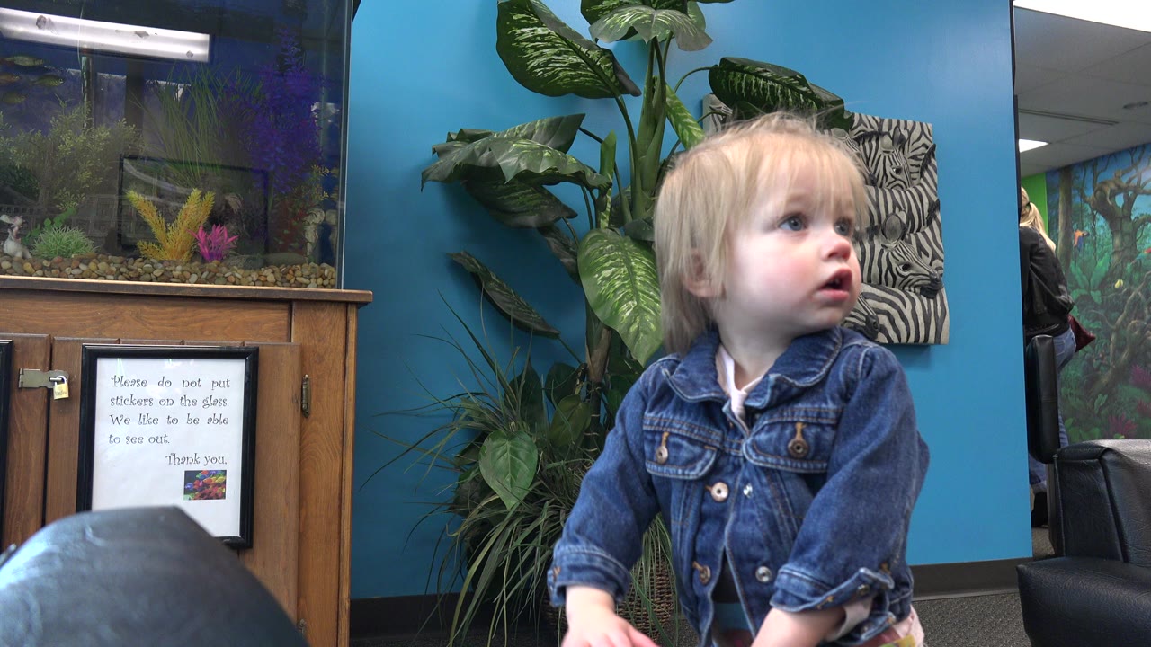 Blond child in a denim jacket looks upward beside a fish tank and blue wall.