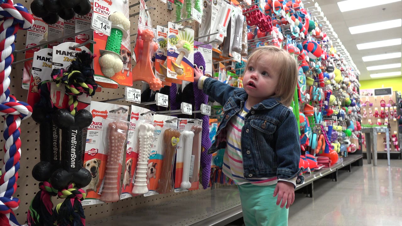Young child reaching toward colorful hanging pet toys in a store aisle.