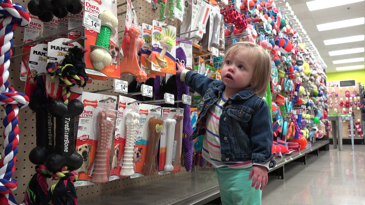 In Denver, Colorado, the child stands near the toy shelf with one hand raised toward bright pet toys, while rows of merchandise continue down the aisle.