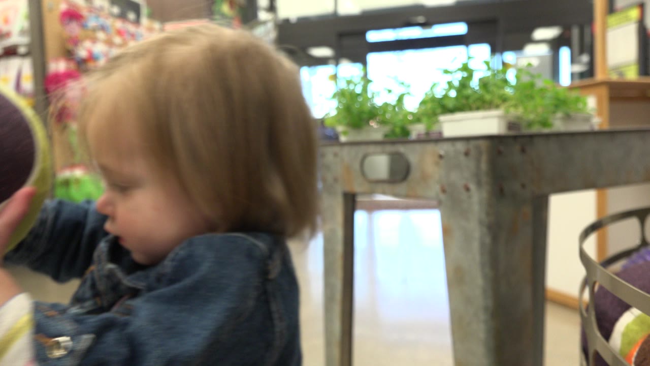 A toddler in a denim jacket is seen from the side inside a Denver retail market, close to a metal table with plants and colorful merchandise behind them.