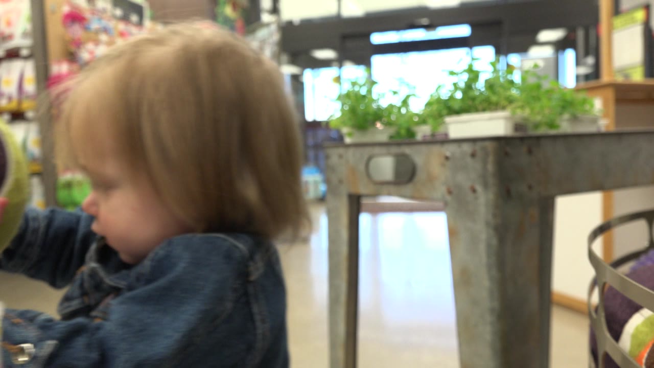 The child remains near the metal table in the Denver market, with a side view of their face, plant trays on the tabletop, and stocked retail shelves in the background.