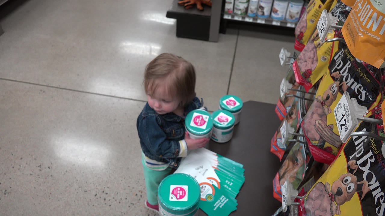 In the Denver retail aisle, the child looks down at a product tub while other teal-lidded tubs sit on a low display beside pet food bags.