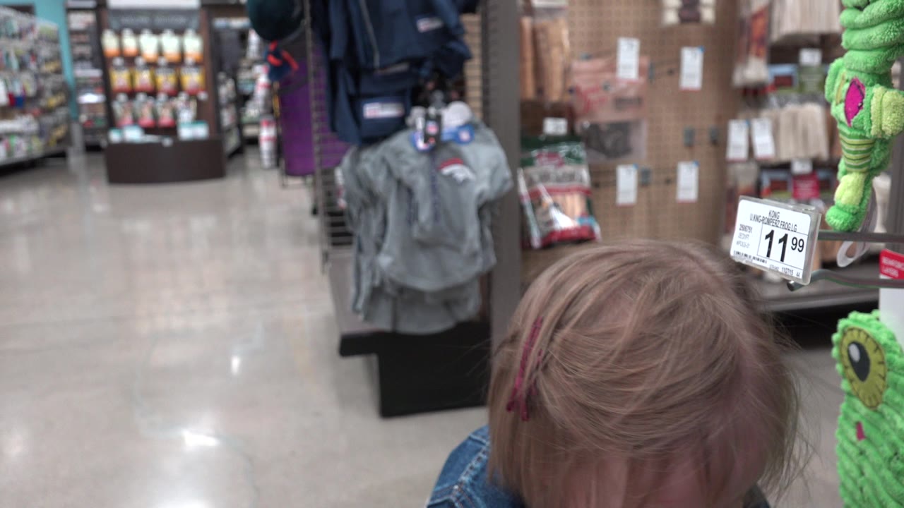 Toddler's head low in frame beside store shelves and green toy ropes.
