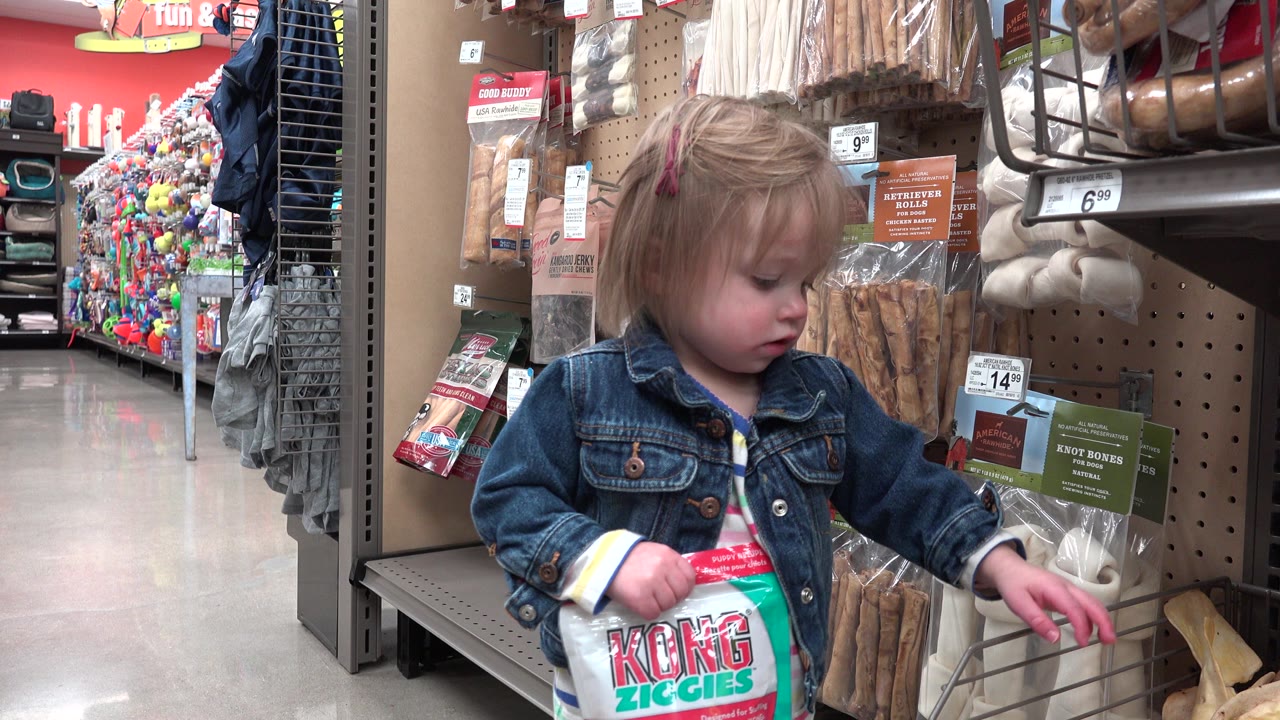 A young girl in a denim jacket stands in a Denver pet store aisle holding a KONG Ziggies bag near shelves of packaged bones and treats.