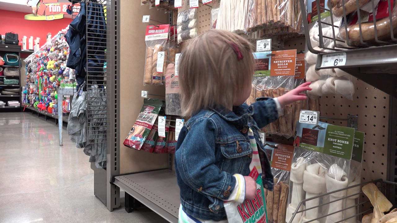 Toddler reaches toward packaged dog bones on a store shelf.