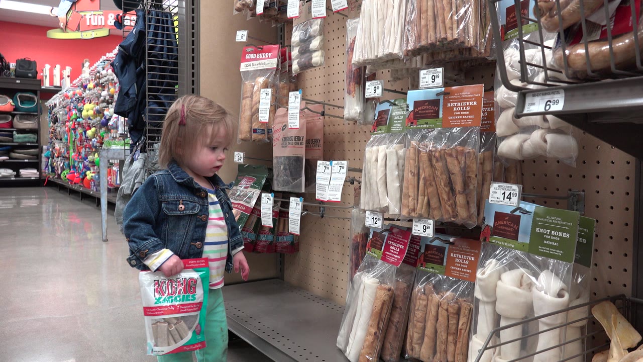 A young child in a denim jacket holds a green and red package beside hanging dog chews and price tags in a Denver retail pet aisle.