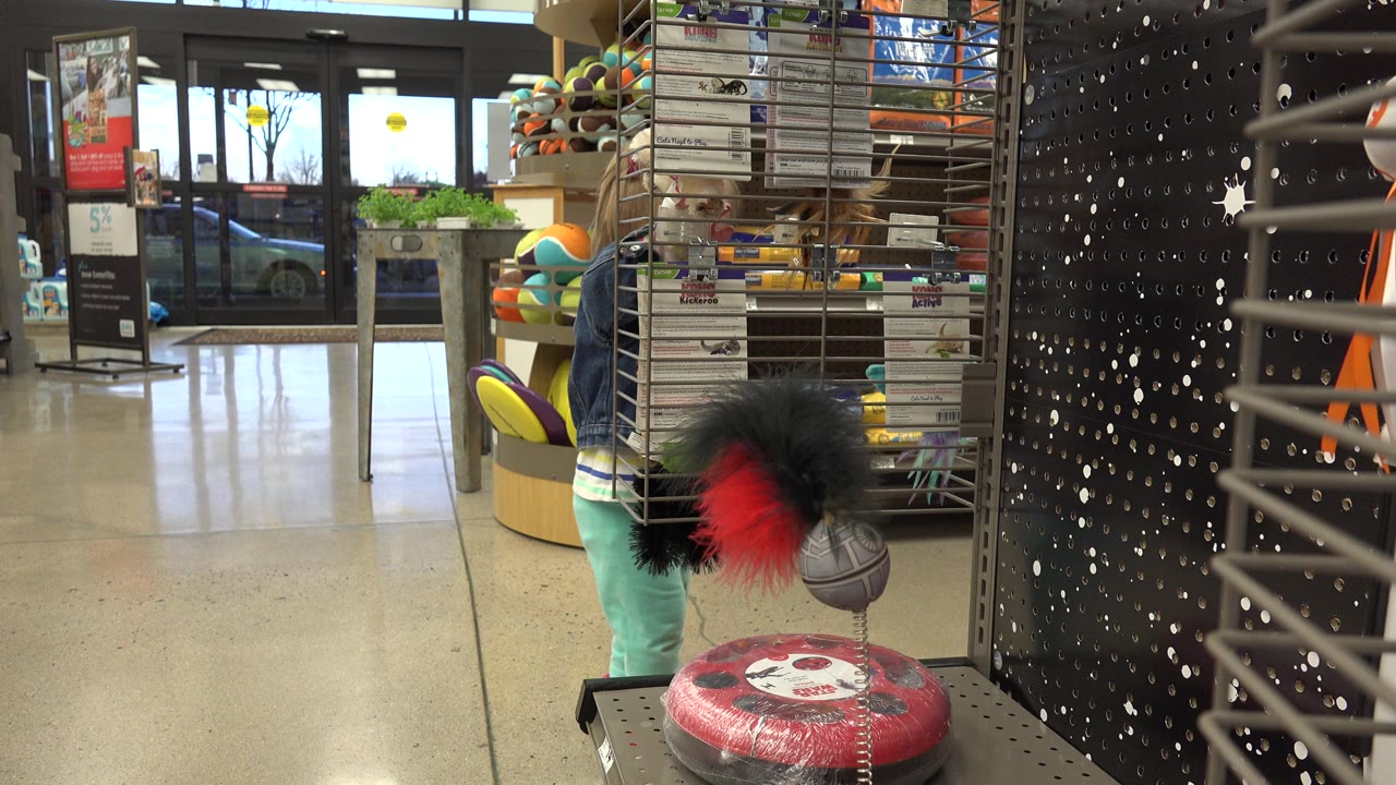 Child partly hidden behind a toy rack in a store aisle.