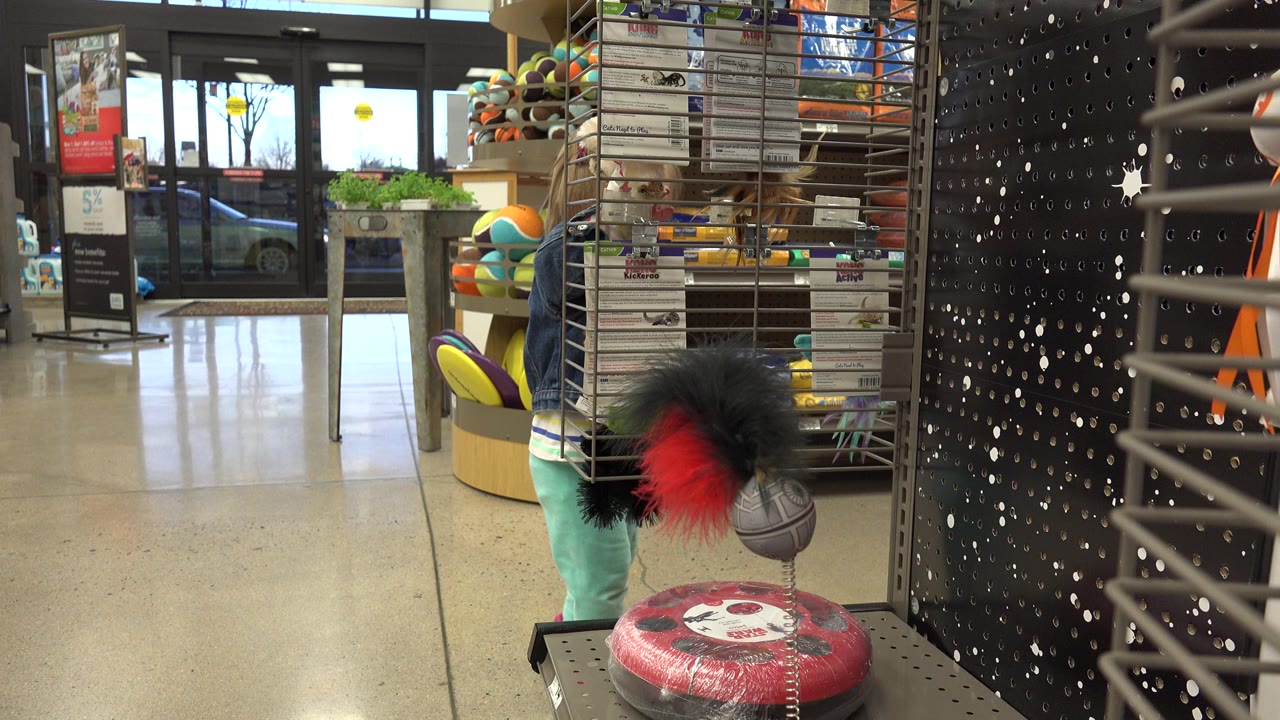 The Denver store frame holds on the child behind the rack, with the red and black plush item, gray ball, red disc toy, pegboard holes, and toy shelves still prominent in front of the entrance doors.