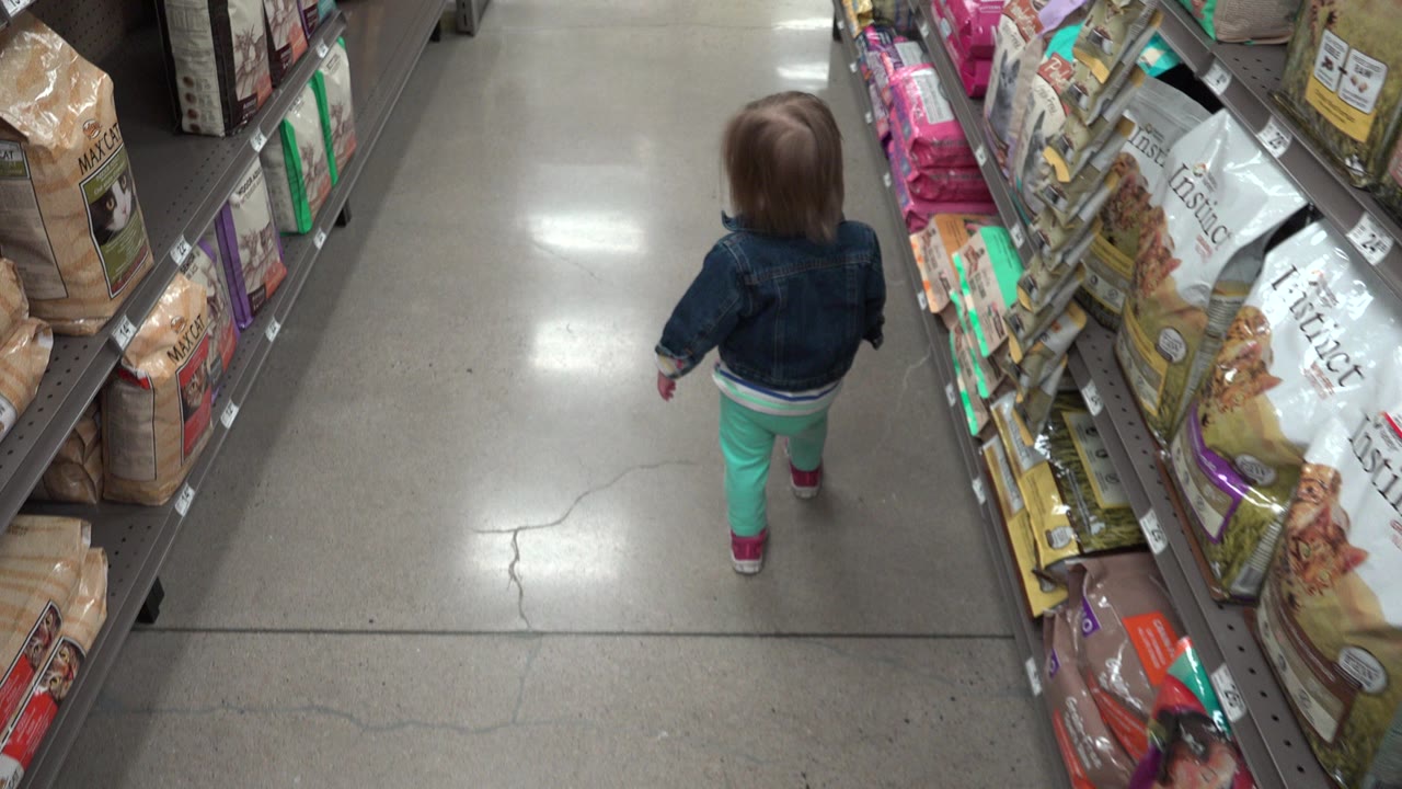Small child walking down a store aisle beside shelves of packaged pet products.
