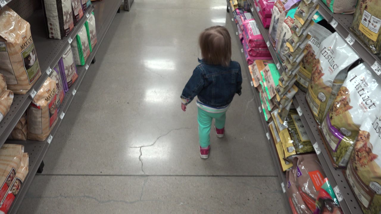 The child continues down the Denver store aisle, centered between shelves of colorful pet product packaging and a reflective concrete floor.