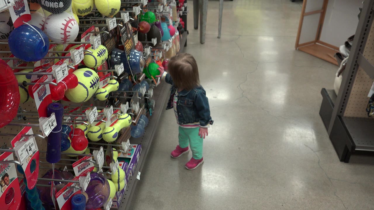 Toddler standing beside a toy aisle filled with colorful balls and packaged toys.