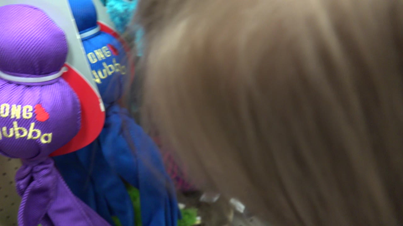 Child close to purple Kong Wubba dog toys on a store rack.