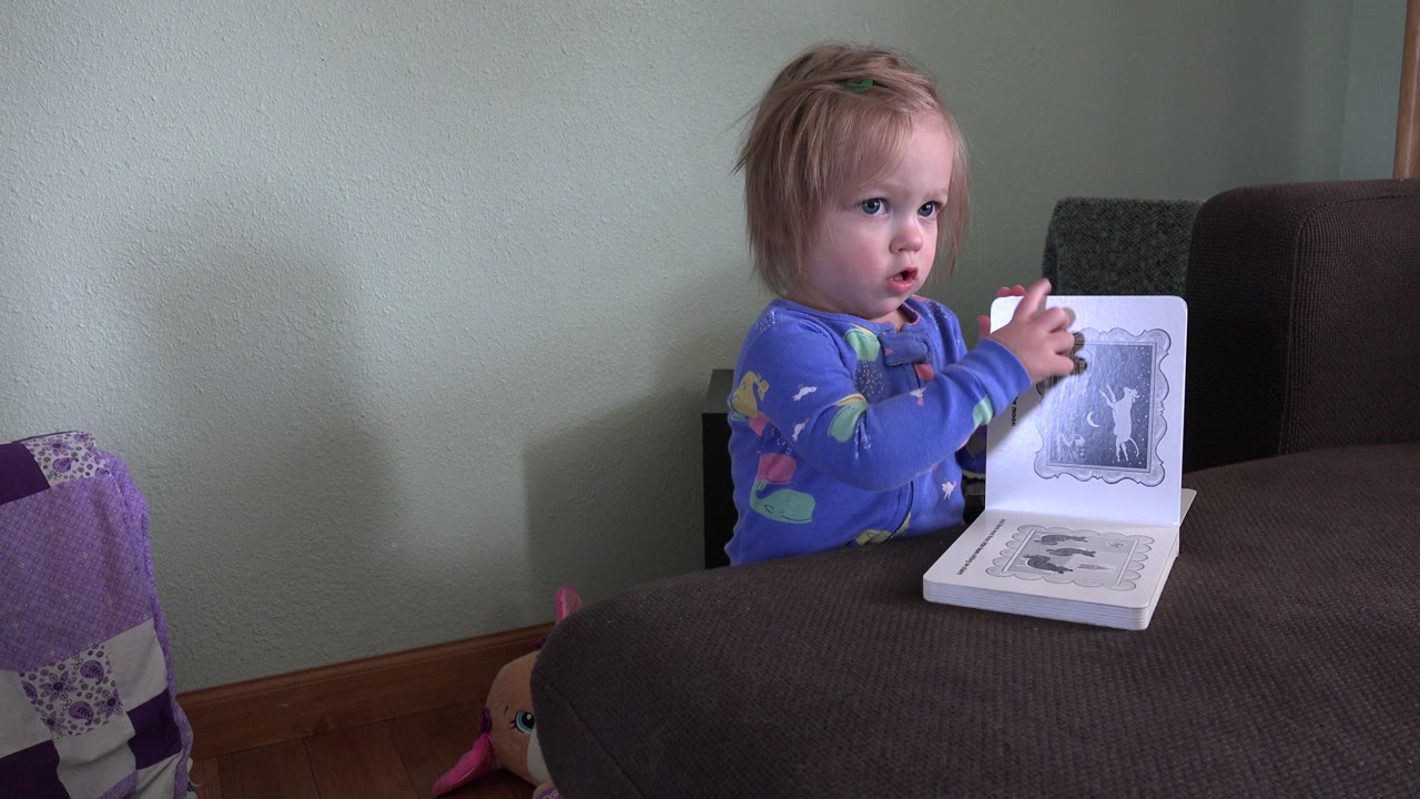 The child remains behind the brown sofa in the Westminster, Colorado interior, with one hand raised near the open book and eyes turned toward something off camera.