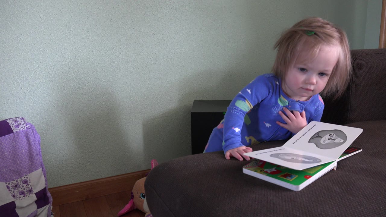 In a Westminster, Colorado home interior, a toddler in blue pajamas leans beside an open children's book on a brown couch with a pale green wall behind her.