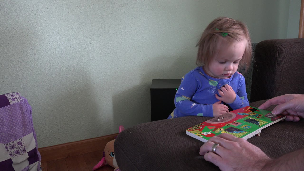 Toddler seated at a table with a colorful book and adult hands nearby.