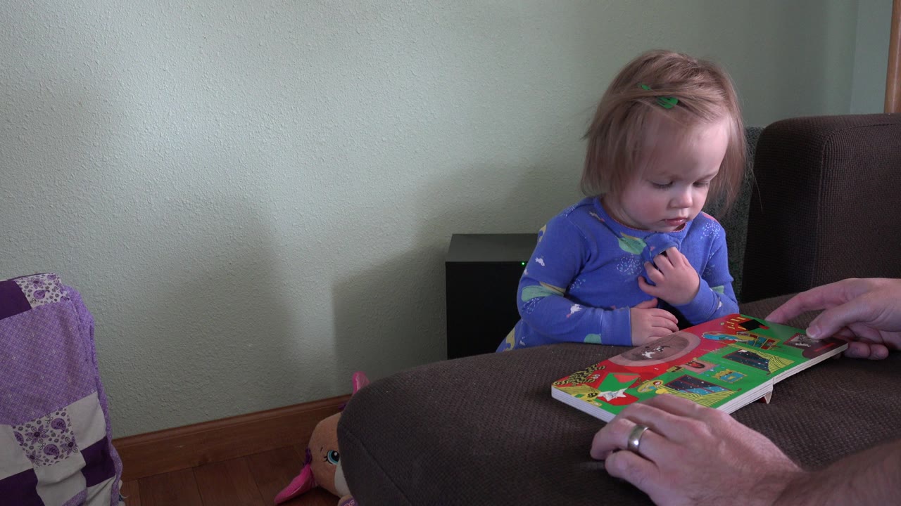 At 0:01 in Westminster, Colorado, the toddler keeps one hand near the chest while an adult hand points toward the colorful book on the table.