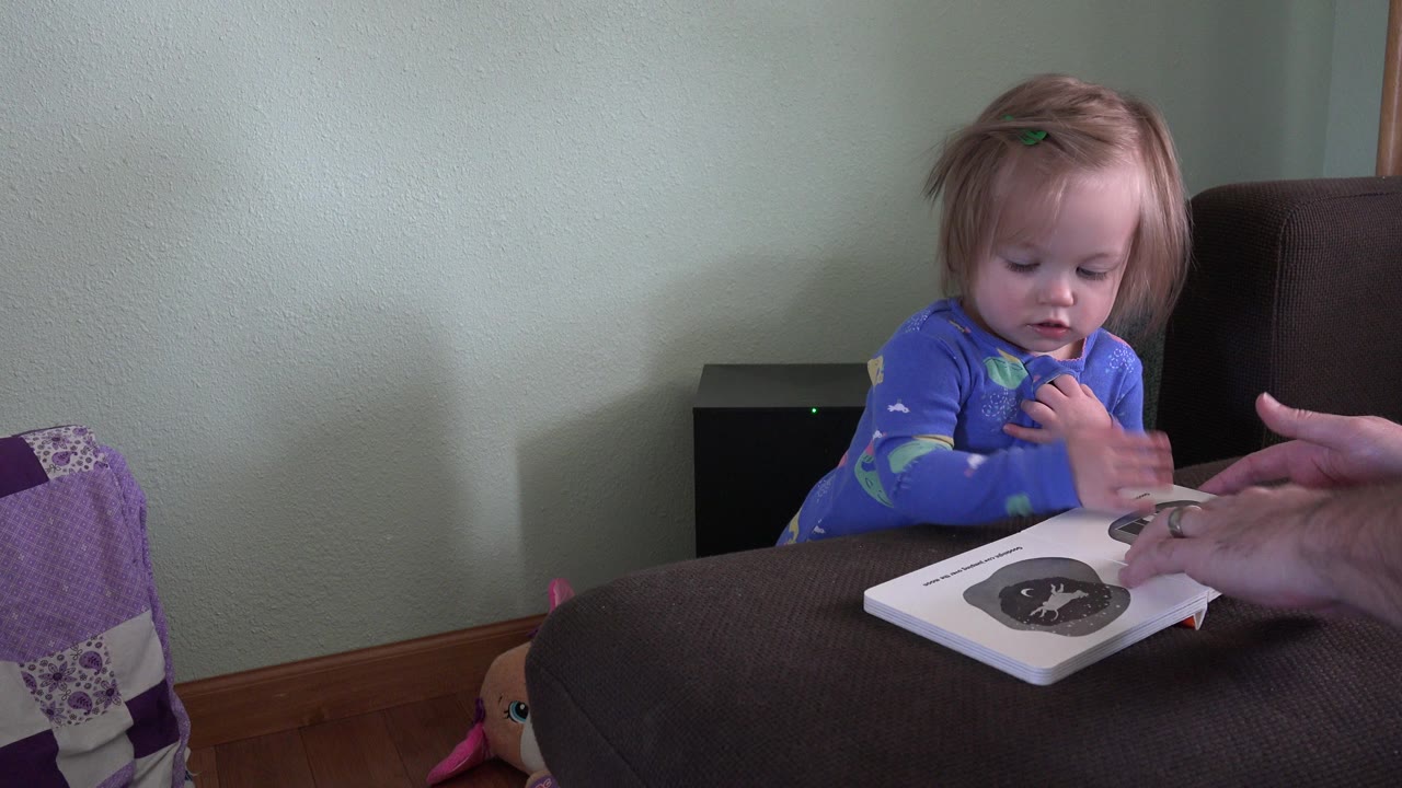 Toddler girl watches an adult hand near a picture book on a couch.