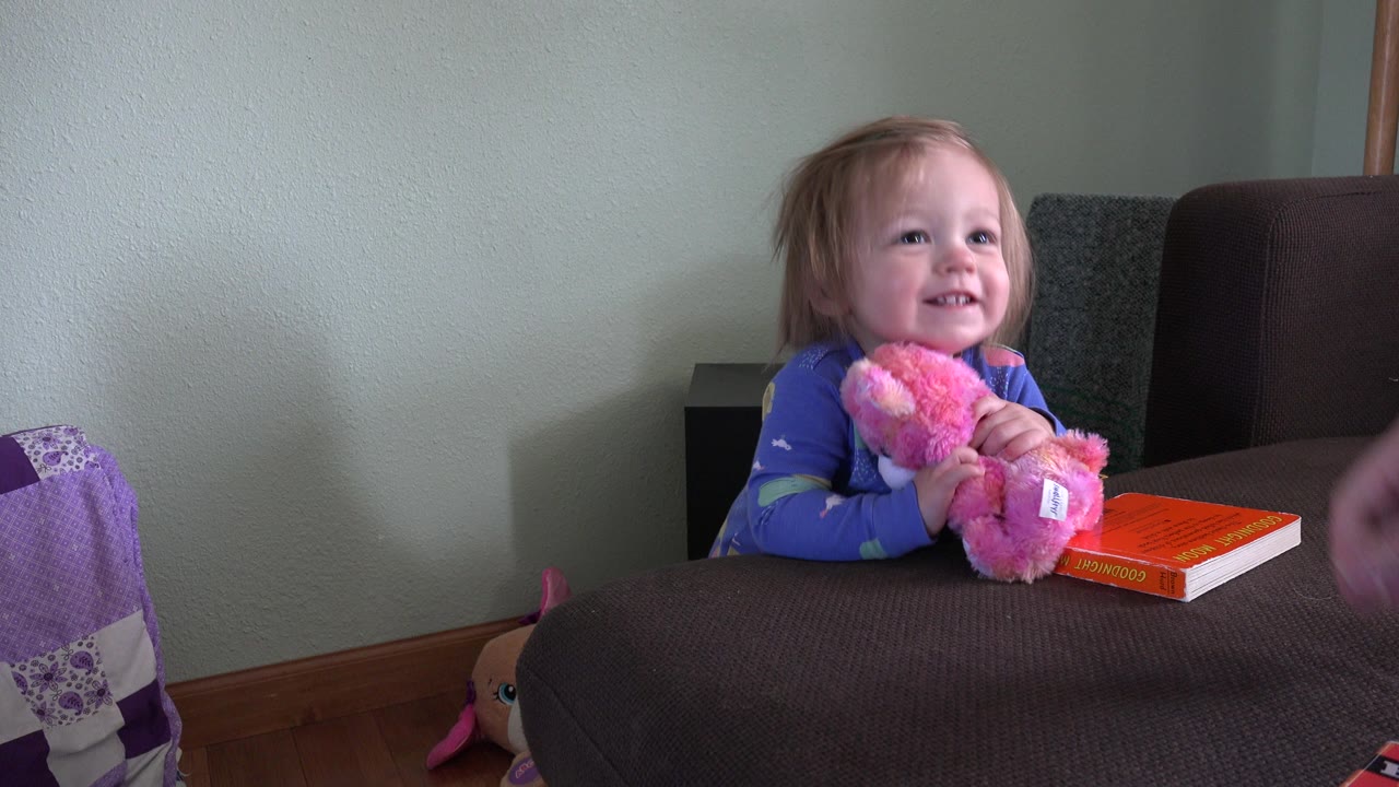 The toddler smiles toward someone off camera while clutching the pink stuffed animal, with an orange book on the highchair tray in the Westminster, Colorado home scene.