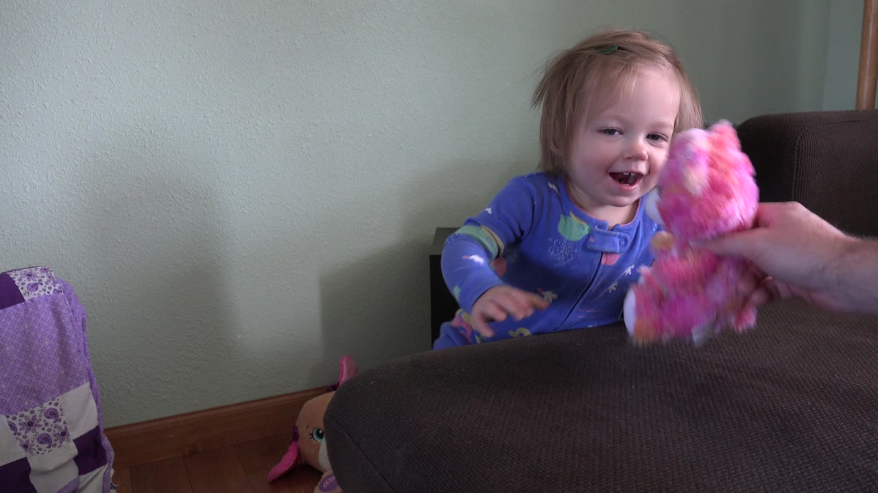 In Westminster, Colorado, the toddler smiles with her hand raised as the pink plush toy is held near the edge of the brown couch.