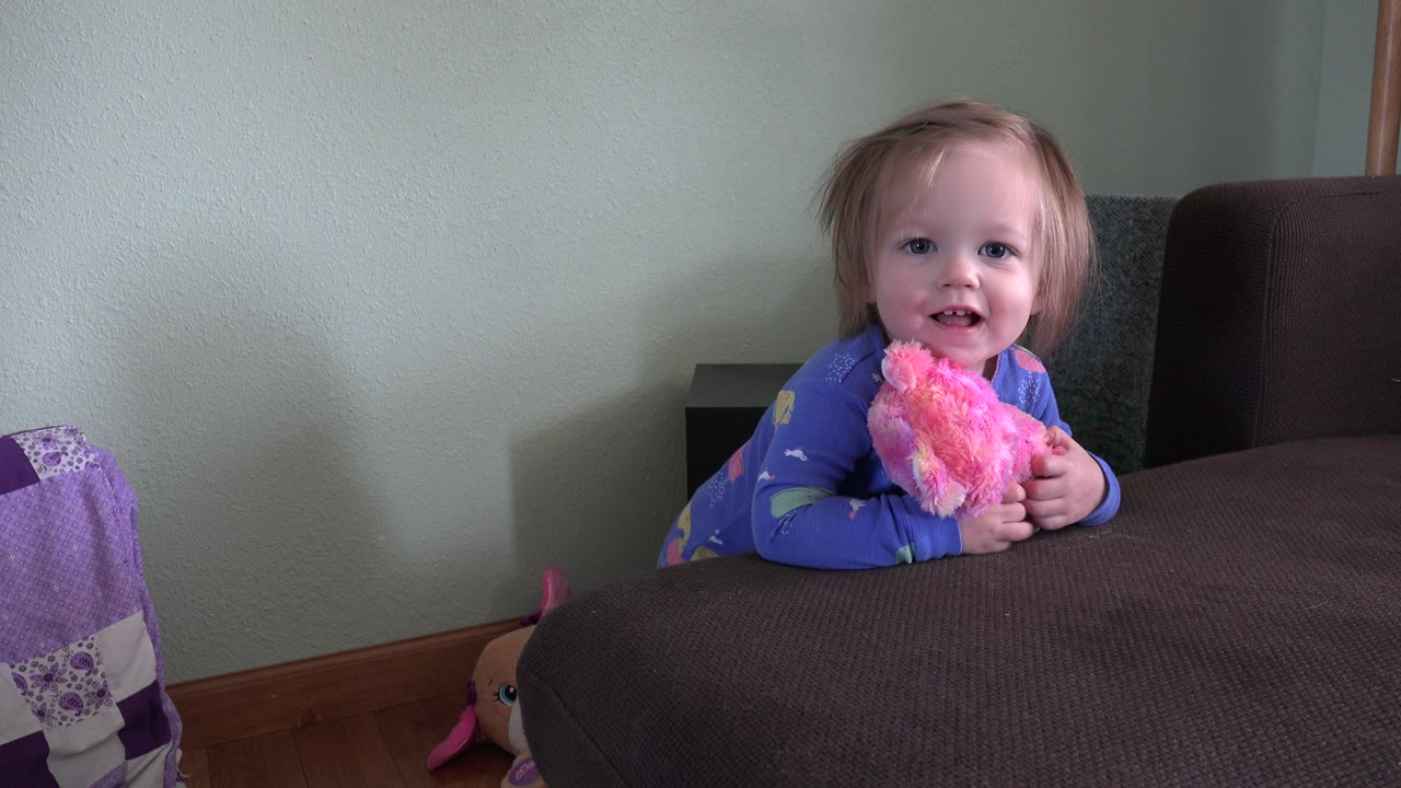 The toddler girl smiles toward the camera in Westminster, Colorado while gripping the pink plush doll, framed by a brown foreground surface and muted green wall.