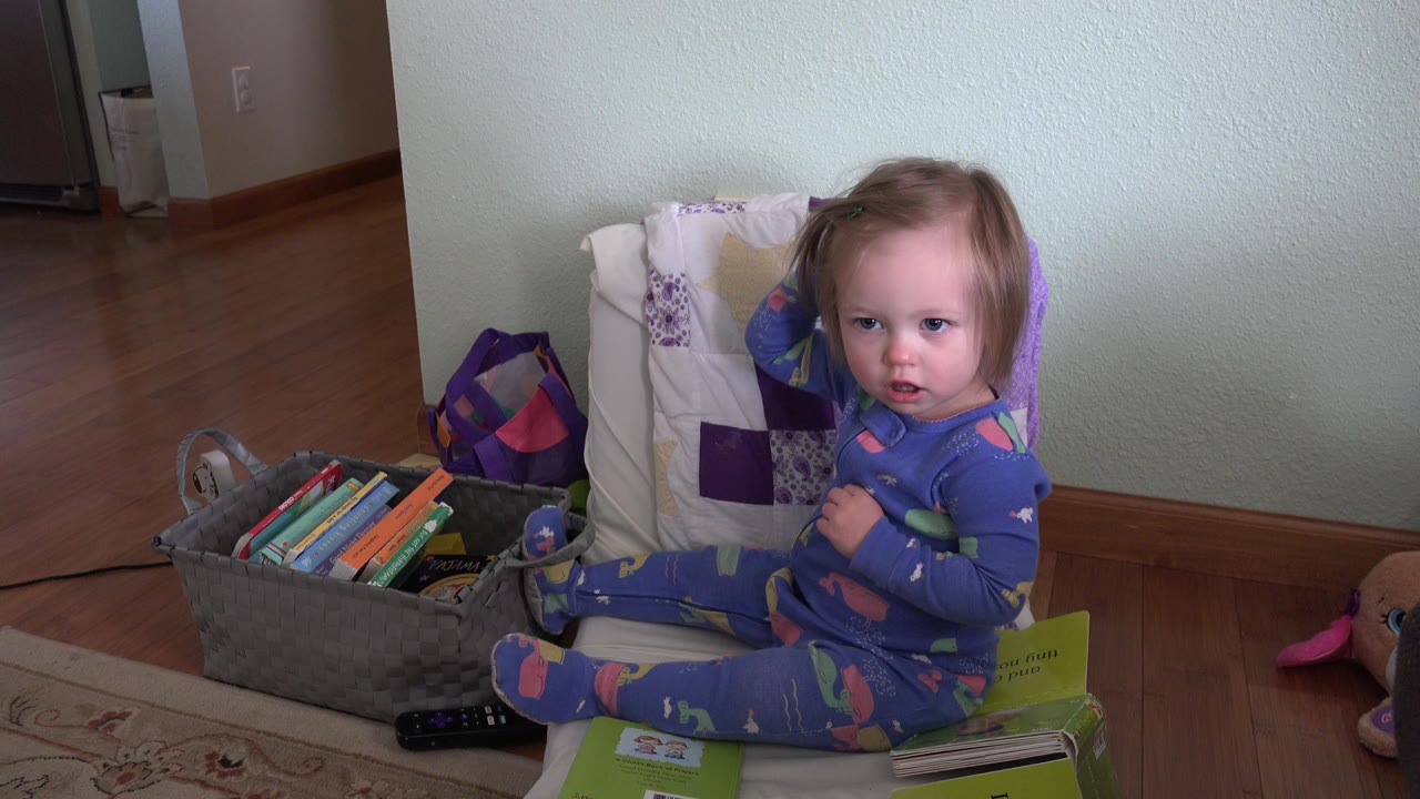 Toddler sitting on a cushion beside a bin of books and toys.