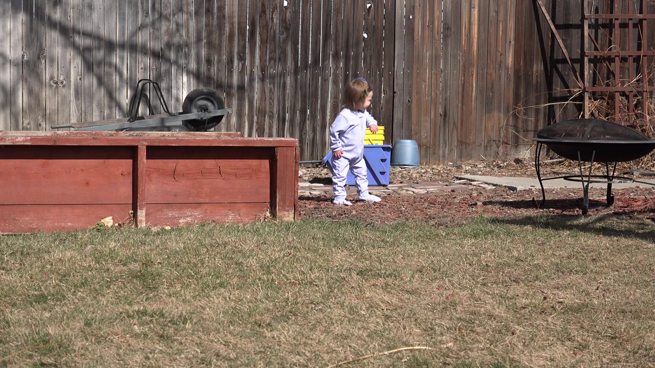 Toddler standing near outdoor toys in a backyard