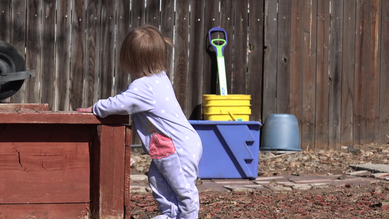 The baby leans forward on the red wooden edge, with a yellow bucket, blue storage bin, green-handled shovel, and wood fence in the Westminster outdoor area.