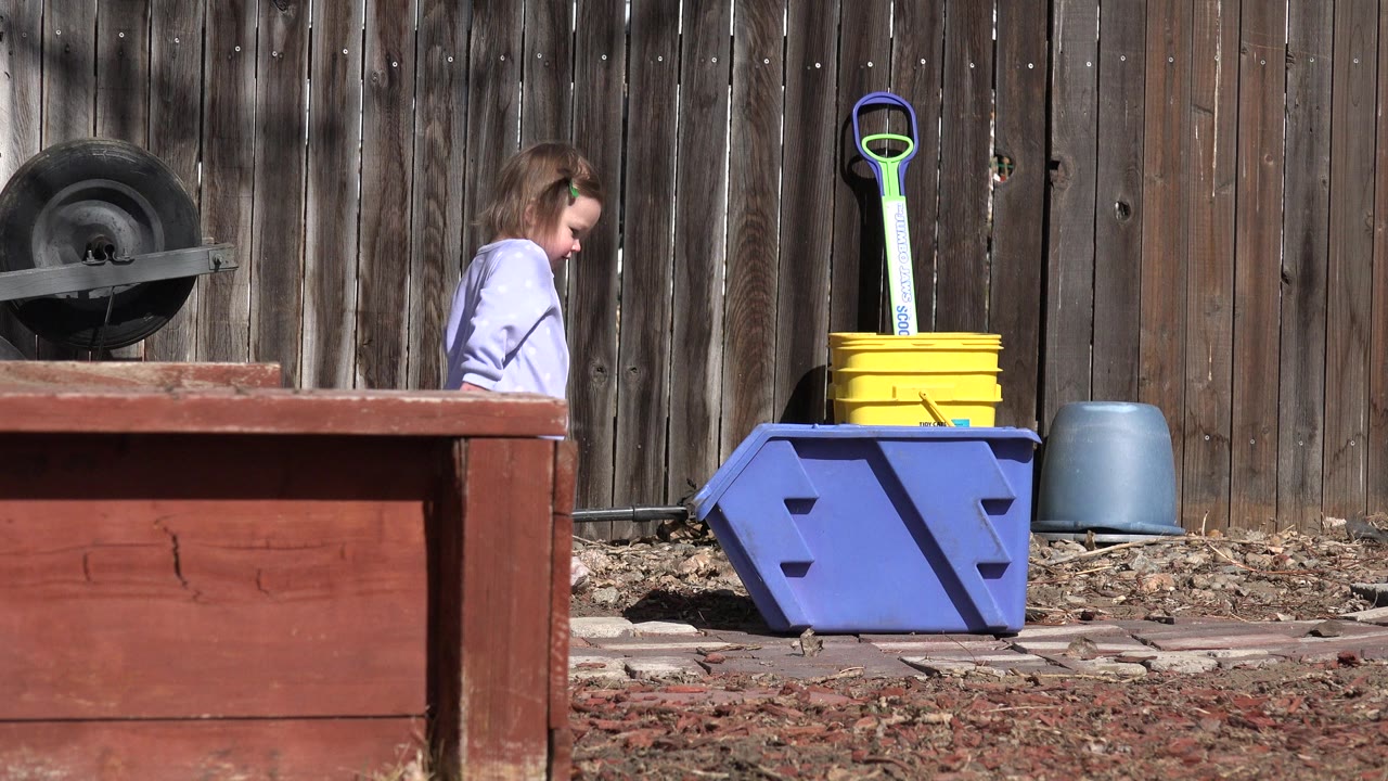 Child partly visible behind a red wooden structure in a backyard.