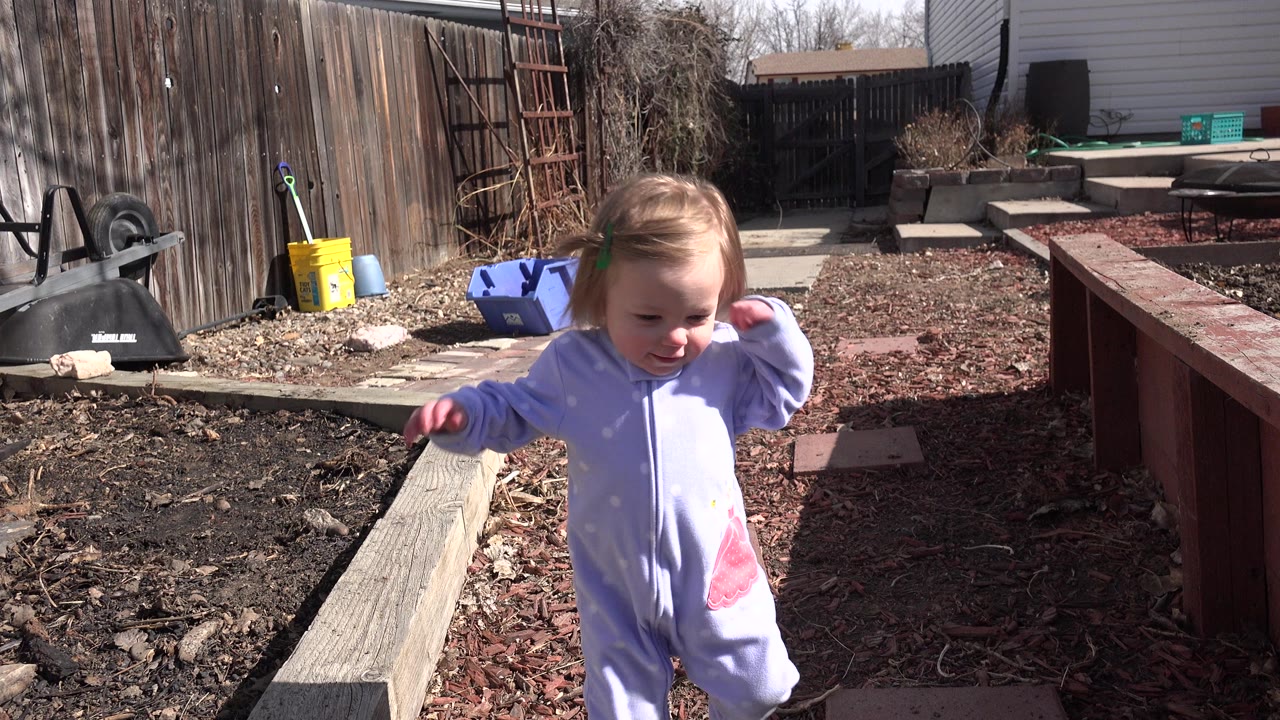 The blonde child continues forward beside the raised wooden border, with mulch, a wood fence, steps, and backyard equipment visible in the Westminster, Colorado yard.
