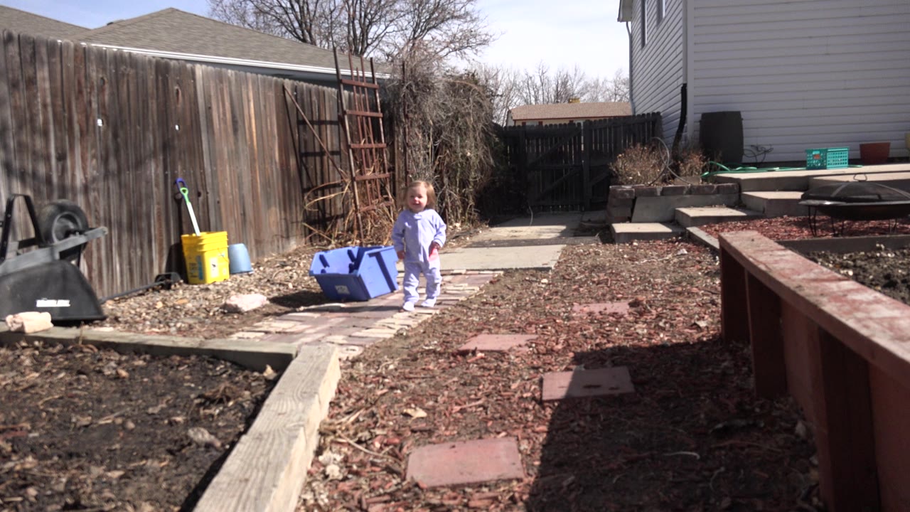 Young child in purple walking in a backyard garden path.