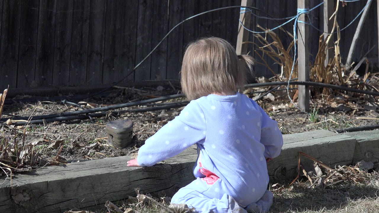 Young child kneeling beside a garden border in bright sunlight.