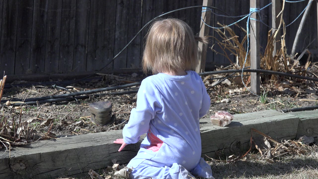The child remains seated near the wooden garden border in Westminster, Colorado, turned away from camera with dry yard debris and hoses in the background.