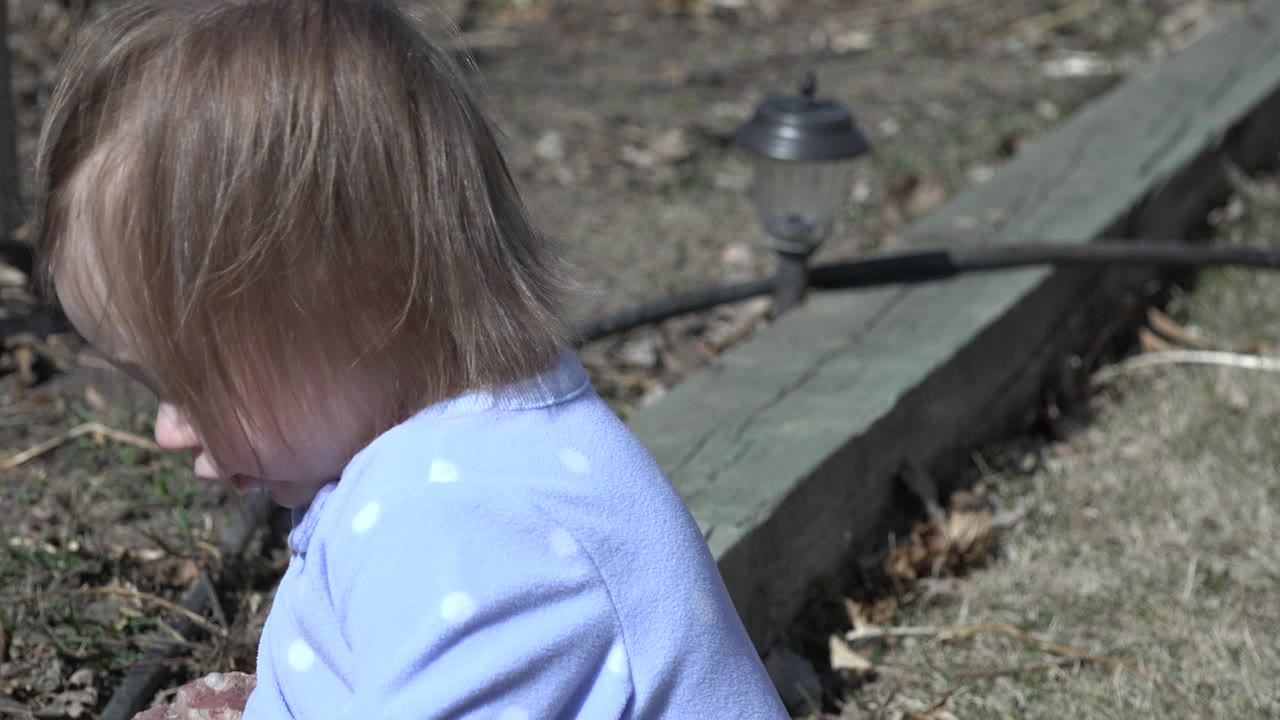 A toddler in light blue clothes sits low in a Westminster, Colorado yard, turned left with dry grass and a timber garden border behind them.