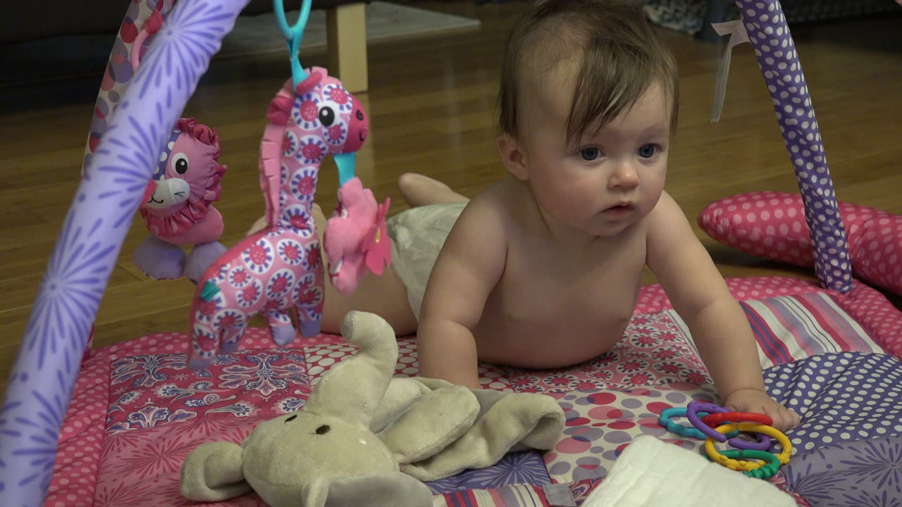 At 0:01 in Westminster, Colorado, the baby remains on their stomach under the play gym arches, with plush toys at left and colorful rings near the right hand.