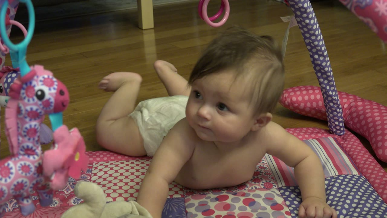At 0:01 in Westminster, Colorado, the baby remains propped on the quilt while looking slightly left toward the hanging plush toys in the foreground.