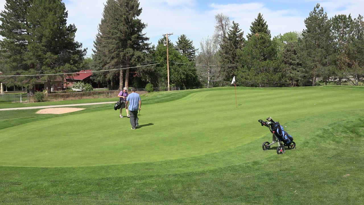 Two men walk on a green golf course near a sand bunker.