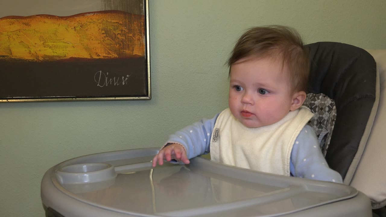 Baby in a highchair looking left with a tray in front.