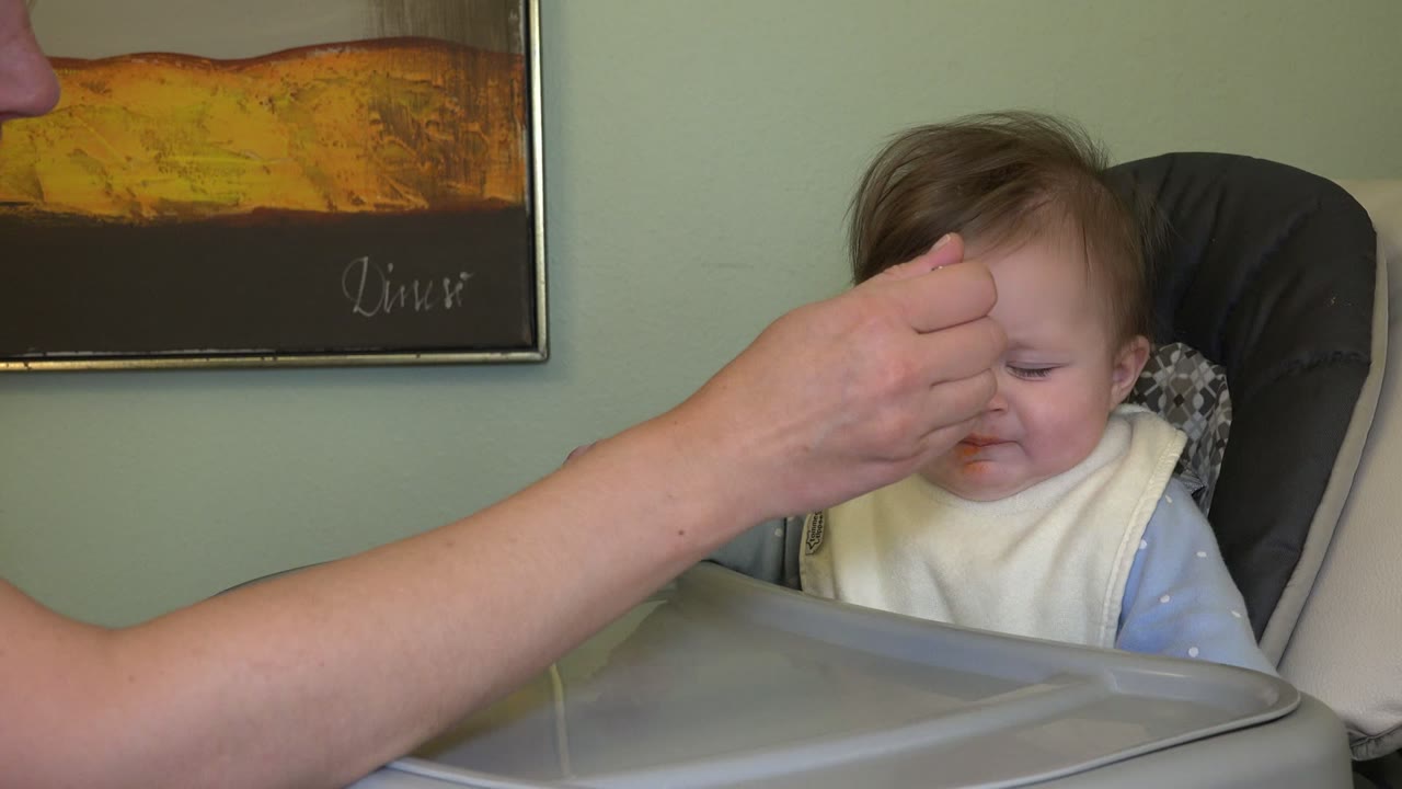 Adult hand feeding a baby seated in a high chair