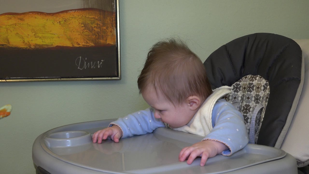 At 0:00 in Westminster, Colorado, a baby leans forward in a gray high chair with one hand on the tray and framed wall art behind.