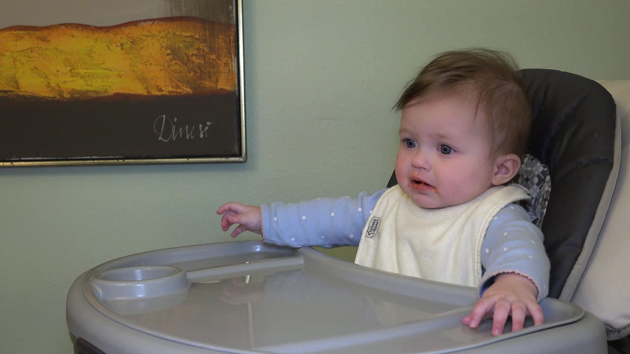 In Westminster, Colorado, the baby remains seated in the high chair and watches toward the left side of the room, with the gray tray prominent in front.