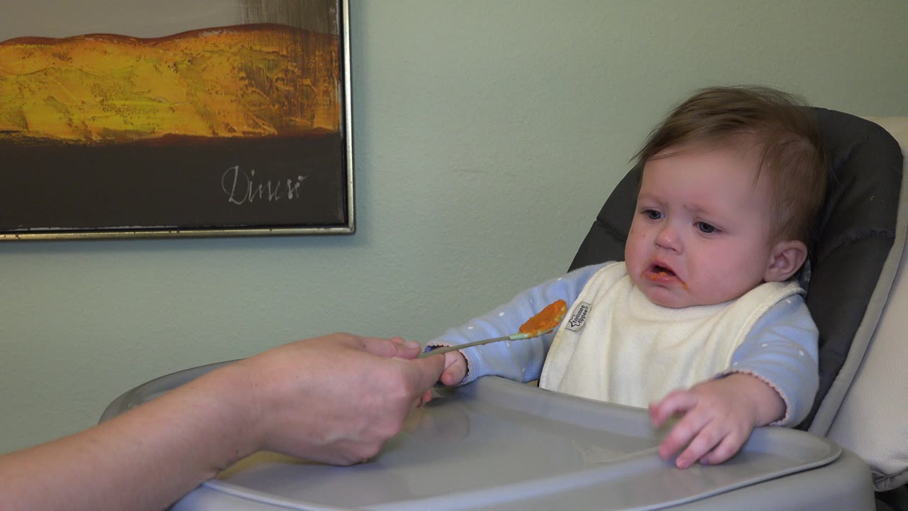 Baby in a high chair faces a spoon of orange food held by an adult hand.