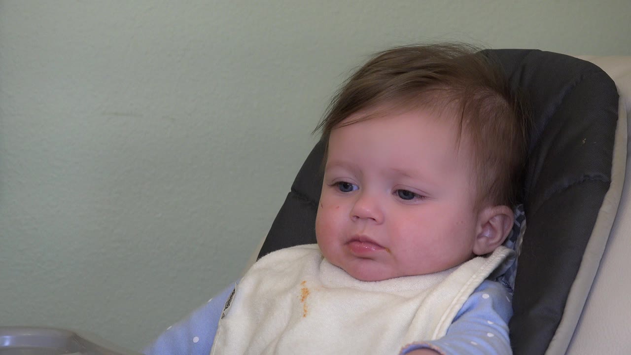Baby seated in a high chair wearing a bib.