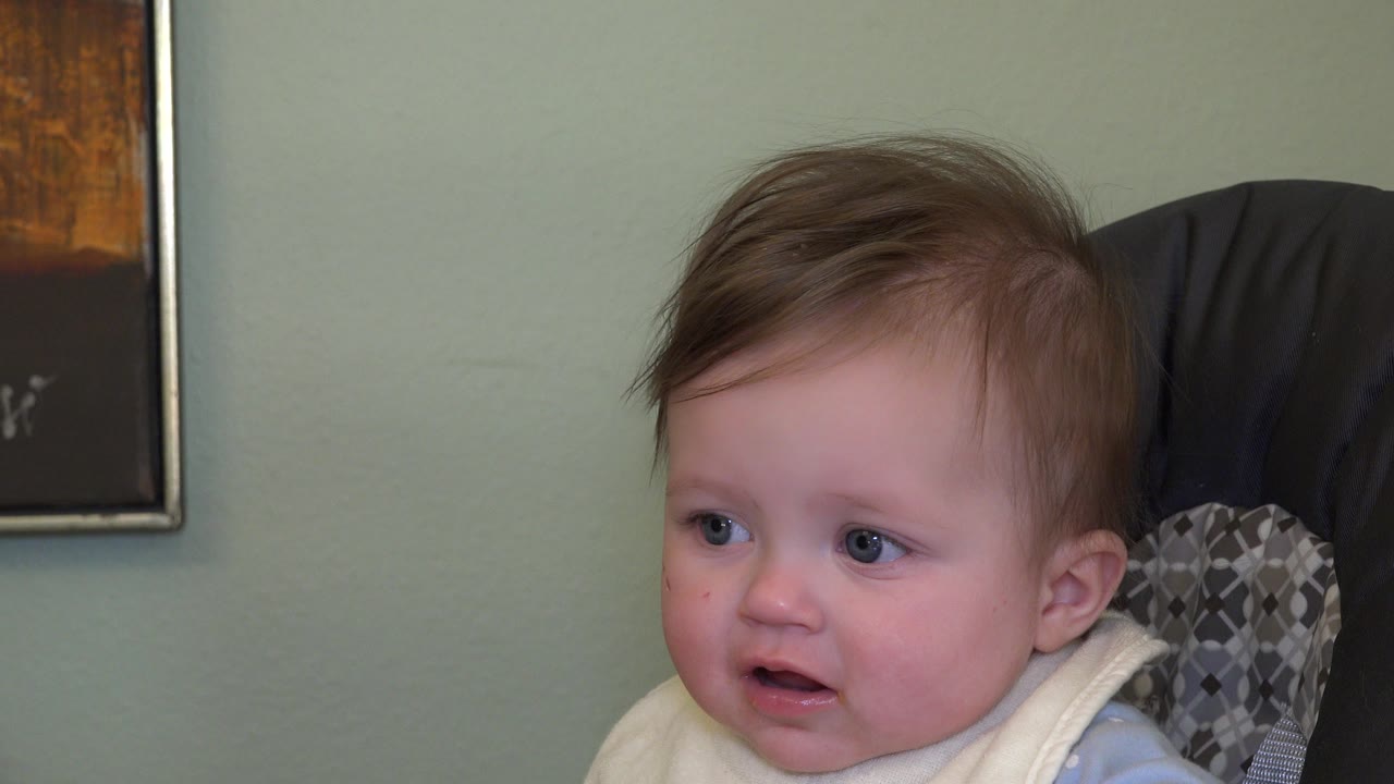A toddler in Westminster, Colorado sits in a patterned high chair with a pale bib, looking off to the side before the feeding attempt becomes visible.