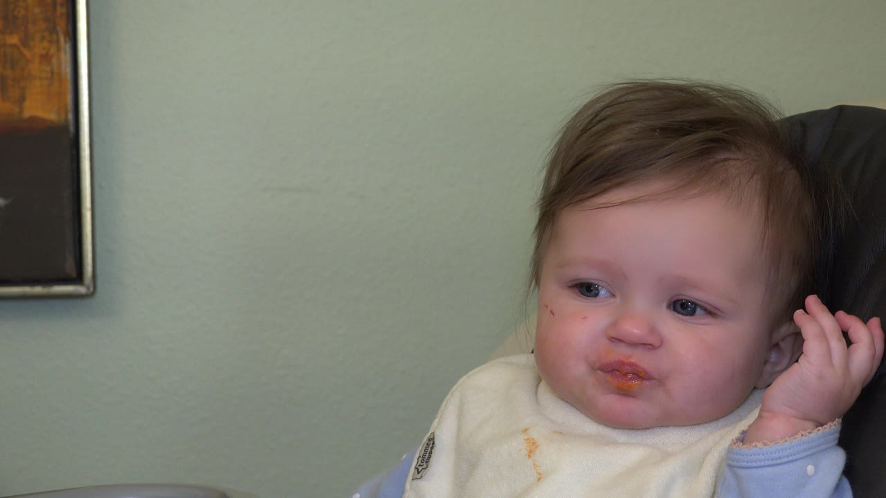 The child remains seated in Westminster, Colorado with one hand raised beside the ear, orange food still visible on the lips and bib.