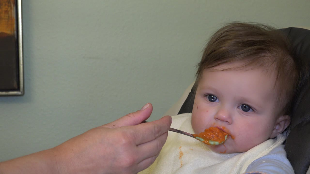 In Westminster, Colorado, a baby wearing a pale bib sits in a dark high chair as an adult hand brings a spoonful of orange food toward the mouth.