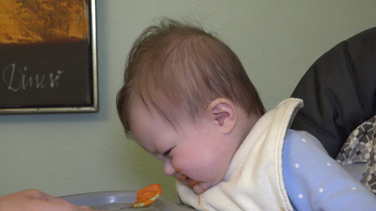 In Westminster, Colorado, the baby remains bent toward the spoon, with orange puree visible near the mouth and framed dinner artwork on the green wall behind.