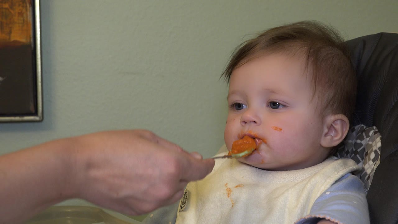 In Westminster, Colorado, a baby in a white bib sits in a high chair as an adult hand brings a spoonful of orange food toward the baby's mouth.
