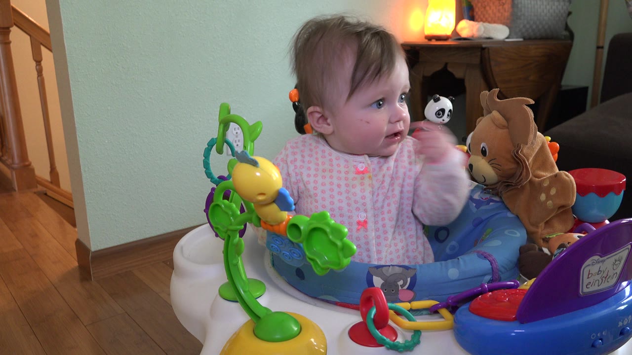 A baby girl in Westminster, Colorado lifts one hand near her mouth while sitting in the walker, with colorful tray toys and a stuffed deer visible in the foreground.